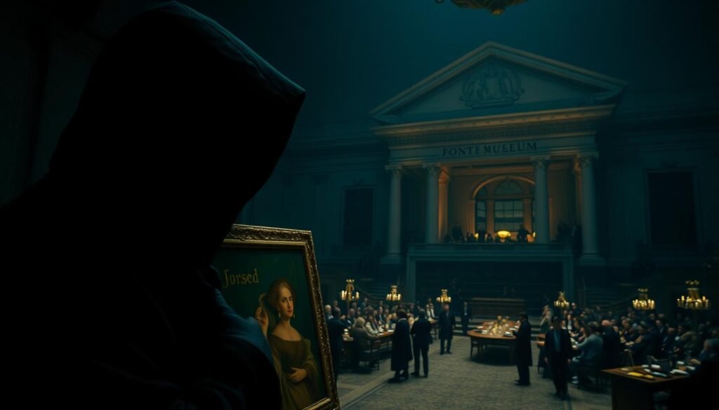 A dimly-lit scene depicting the deception within the world of art and culture. In the foreground, a figure in a hooded cloak conceals a forged painting, their shadowy face obscured. In the middle ground, a lavish auction house where bidders unknowingly clamor to acquire counterfeit artworks. The background reveals the grand facade of a prestigious museum, a facade of legitimacy masking the underbelly of fraud. The lighting is somber, casting an air of unease, while the composition conveys a sense of the insidious nature of cultural deception. The overall tone is one of disquiet and the subversion of trust.