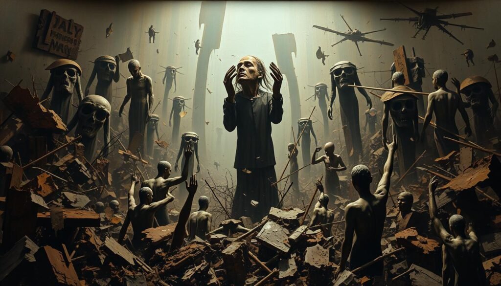 A surreal tableau depicting the entanglement of art and corruption in Indonesia. In the foreground, a towering figure made of distorted, grasping hands emerges from a sea of decaying, abstract forms, symbolizing the pervasive influence of graft. Surrounding this central motif, a chaotic array of fragmented, cubist-inspired shapes and brushstrokes suggest the frenzied, unsettling nature of the "artistic" corruptions plaguing the nation. The color palette is muted, with shades of ochre, umber, and charcoal dominating, evoking a sense of melancholy and moral decay. Dramatic lighting casts long, ominous shadows, heightening the sense of unease and the weight of the subject matter. The overall composition conveys a sense of visceral, unsettling dissonance, mirroring the complex, conflicted relationship between art and corruption in Indonesia.