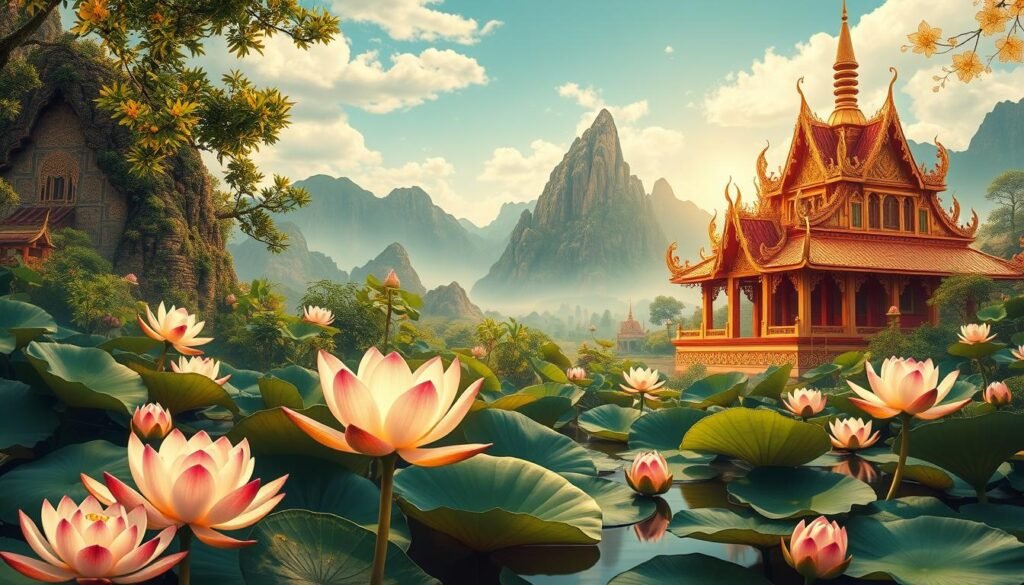 A lush, vibrant landscape of the Southeast Asian artistic tradition, showcasing the beauty and diversity of the region's painting styles. In the foreground, delicate lotus blossoms float atop a serene pond, their petals illuminated by soft, golden light. The middle ground features intricate, ornate patterns and motifs characteristic of traditional Thai, Vietnamese, and Burmese artworks, rendered with meticulous detail. In the background, towering mountains rise majestically, their peaks capped with wisps of clouds. The overall composition evokes a sense of tranquility, harmony, and the rich cultural heritage of Southeast Asia's visual arts. A lush, vibrant landscape of the Southeast Asian artistic tradition, showcasing the beauty and diversity of the region's painting styles. In the foreground, delicate lotus blossoms float atop a serene pond, their petals illuminated by soft, golden light. The middle ground features intricate, ornate patterns and motifs characteristic of traditional Thai, Vietnamese, and Burmese artworks, rendered with meticulous detail. In the background, towering mountains rise majestically, their peaks capped with wisps of clouds. The overall composition evokes a sense of tranquility, harmony, and the rich cultural heritage of Southeast Asia's visual arts.