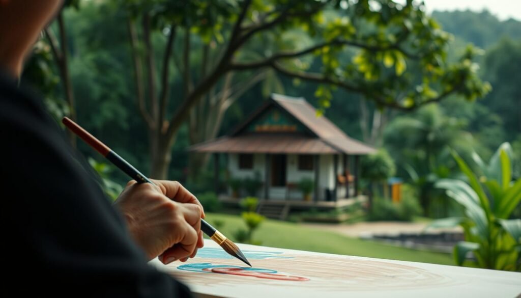 A serene landscape of traditional Bruneian painting, captured in a timeless moment. In the foreground, a skilled artist's hands delicately brush strokes of vibrant pigments onto a canvas, their focus unwavering. The middle ground reveals a tranquil scene of a Kampung house, its architecture a testament to Brunei's cultural heritage. In the background, a verdant jungle canopy frames the composition, hinting at the natural abundance that has long inspired the nation's artistic traditions. Soft, diffused lighting bathes the entire tableau, evoking a sense of timeless elegance and reverence for the enduring legacy of Bruneian art.