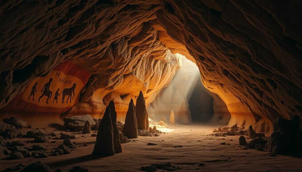 A vast and expansive cave interior, illuminated by a warm, natural light filtering in from unseen sources. The rough, ancient walls are adorned with intricate, ochre-hued pictographs, depicting a narrative of human life from a bygone era. Rugged stalactites and stalagmites rise up from the uneven floor, casting dramatic shadows across the scene. In the distance, a deeper, more mysterious darkness beckons, hinting at the untold stories and hidden wonders that lie within this timeless, subterranean realm. The overall atmosphere is one of wonder, reverence, and a deep connection to the rich cultural heritage of the region.