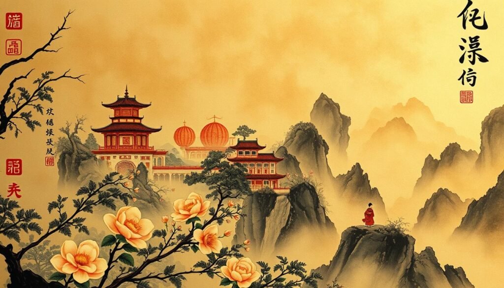 A vibrant, traditional Chinese ink painting depicting the essence of "seni" (art). In the foreground, delicate brushstrokes capture the intricate details of various traditional Chinese art forms, such as calligraphy, landscape painting, and intricate floral motifs. The middle ground showcases the rich history and evolution of Chinese artistic expression, with subtle references to historical dynasties and renowned artists. The background is shrouded in a hazy, ethereal atmosphere, suggesting the enduring influence and global resonance of Chinese art and culture. Warm, diffused lighting illuminates the scene, creating a sense of timelessness and reverence. The overall composition conveys the depth, beauty, and timeless legacy of "seni rupa" (visual arts) in the Chinese artistic tradition.