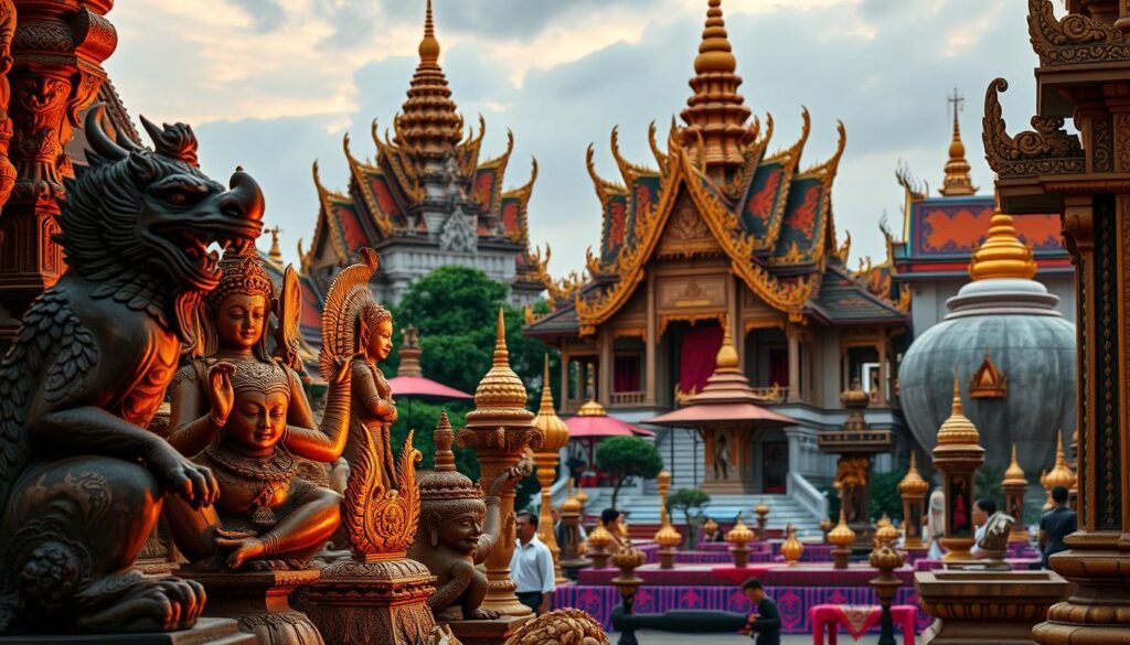 Vibrant Cambodian art: a captivating fusion of ancient traditions and contemporary flair. In the foreground, intricate carvings and sculptures depict mythical creatures and divine figures, their ornate details illuminated by warm, diffused lighting. The middle ground showcases the rich colors and patterns of traditional Khmer textiles, their vibrant hues complementing the ornate architecture in the background. Ornate temples and palaces rise majestically, their roofs adorned with distinctive naga motifs and gilded embellishments. An atmosphere of timeless elegance and cultural heritage permeates the scene, highlighting Cambodia's enduring artistic legacy and its influential role in the Southeast Asian artistic landscape.